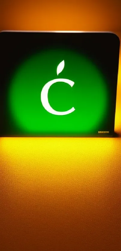 Green emblem glowing on orange background.