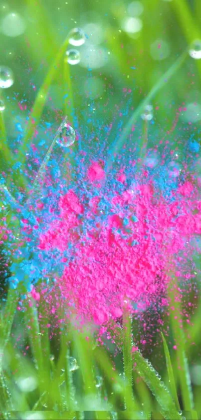 Vibrant mobile wallpaper with green grass and pink-blue color splash.