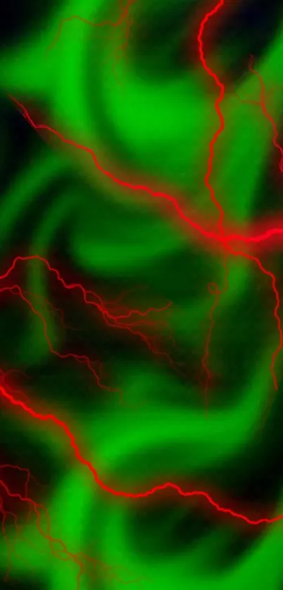 Vibrant green and red abstract wallpaper with electric patterns.