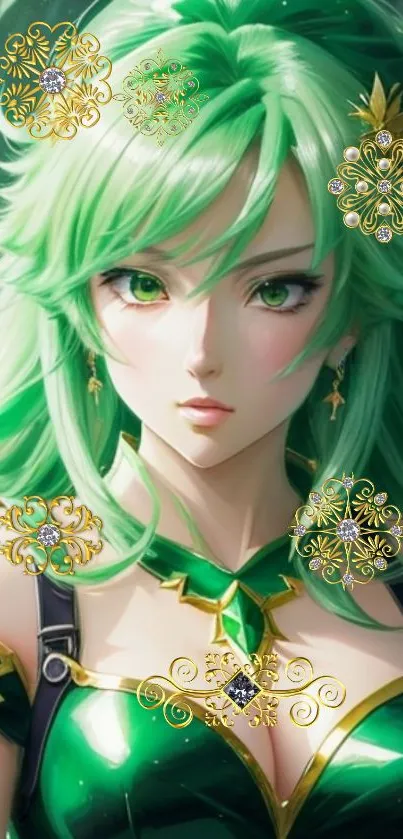 Anime character with green hair and gold accents on vibrant wallpaper.