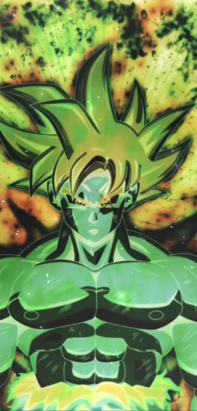 Green anime warrior standing in dynamic pose with vibrant energy background.