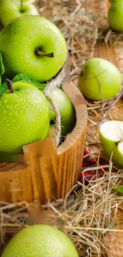 Vibrant green apples in a rustic wooden basket with straw background.