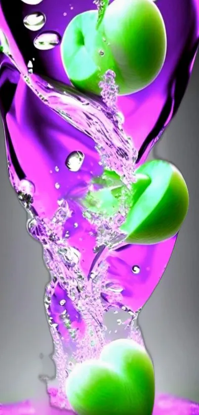 Colorful wallpaper with green apples in swirling purple water.