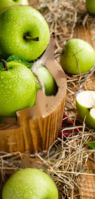 Vibrant green apples arranged in a rustic setting with wooden decor.