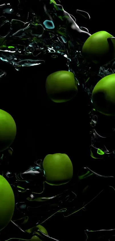 Mobile wallpaper with green apples on dark background.