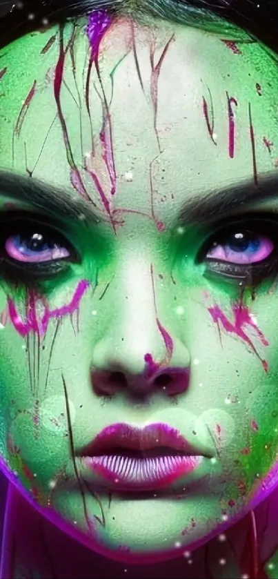 Vibrant green and purple artistic face wallpaper.