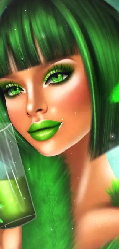 Stylish woman with green hair and makeup holding a drink in green-themed wallpaper.