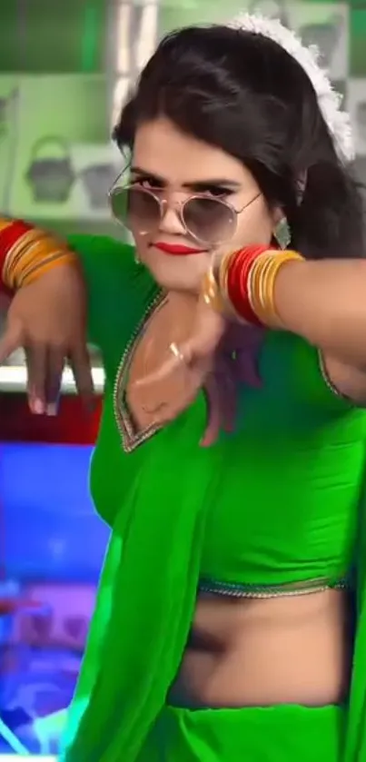 Woman in vibrant green attire with colorful bangles.