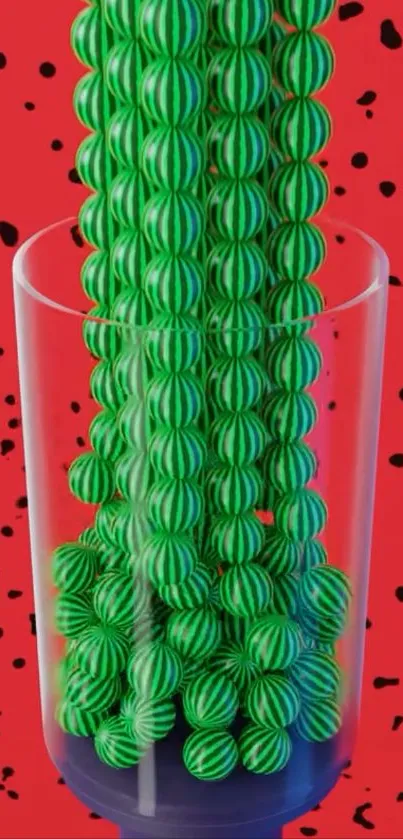 Vibrant wallpaper with green beads on red speckled background.