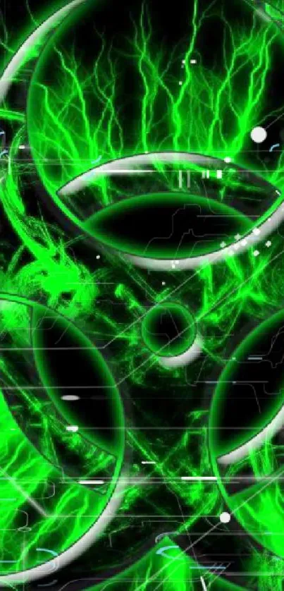 Vibrant green biohazard symbol with neon energy on a dark background.