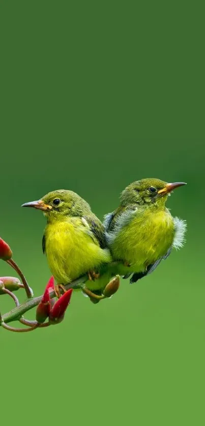 Mobile wallpaper of two green birds with red flowers.