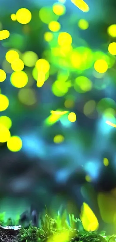 Magical glowing fireflies in a green forest setting, creating a serene ambiance.