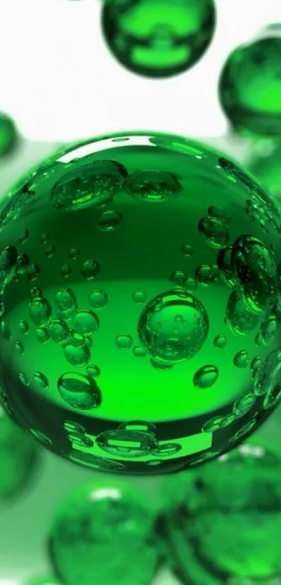 Vibrant green bubble wallpaper with floating spheres.