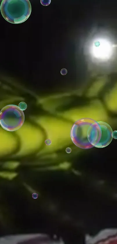 Green and black abstract wallpaper with colorful floating bubbles.