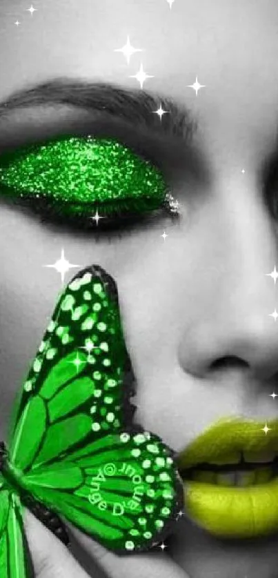 Close-up of a face with green butterfly and glitter eye makeup.