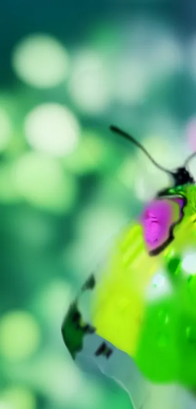 Vibrant green butterfly with blurred natural background.