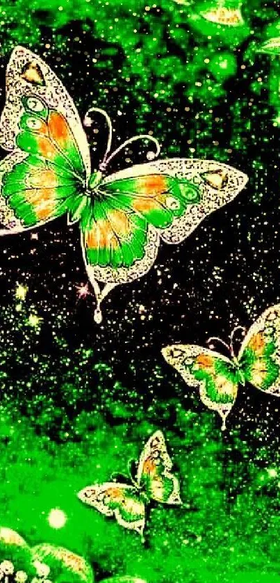 Vibrant green butterfly with floral elements in neon style.