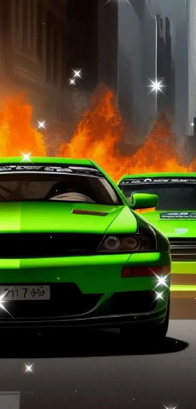 Two vibrant green race cars speeding with fire explosion.