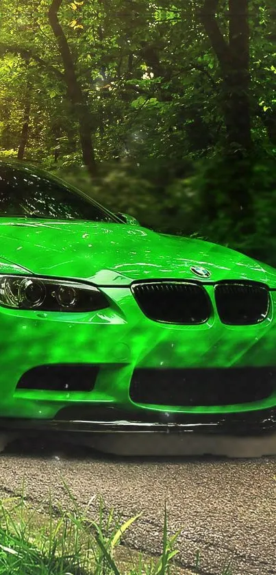 Green car parked in a forest with lush greenery surrounding it.