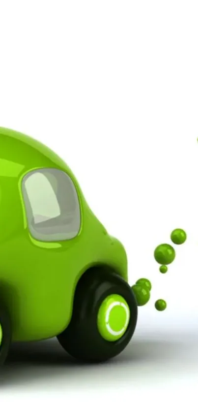 Futuristic green car with bubbles on white background.