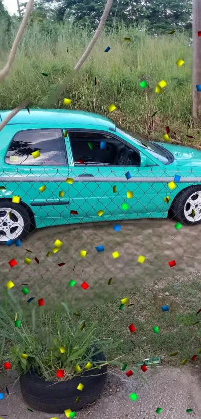 A parked green car with colorful confetti overlay in a lush setting.