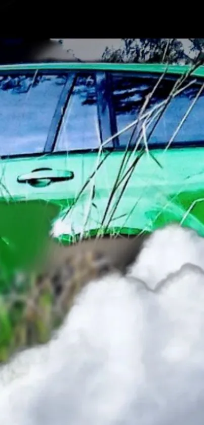 Green car in nature with grass and clouds in background.