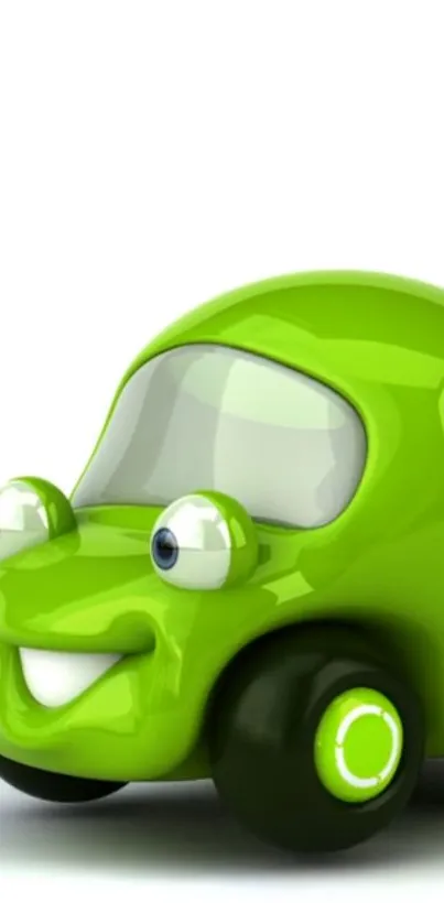 Vibrant green cartoon car with smiling face.