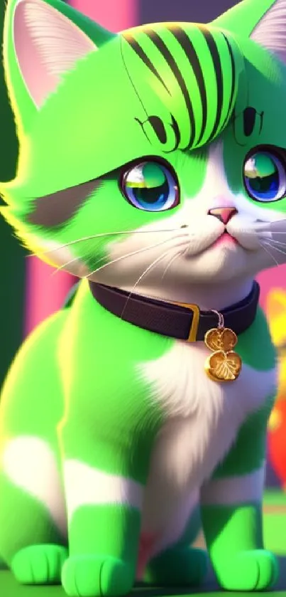 Cute green cartoon cat with big blue eyes on a colorful background.