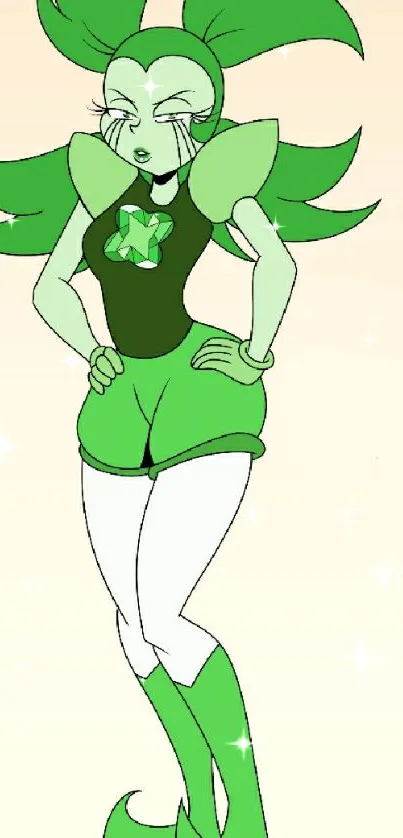 Cartoon character in vibrant green attire with dynamic style.