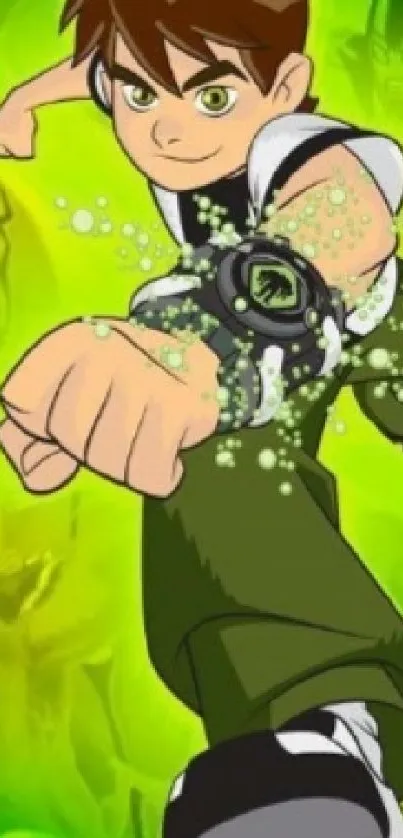 Vibrant green cartoon hero in action-packed pose on phone wallpaper.