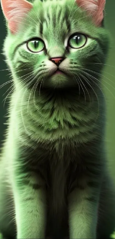 Vibrant green cat with pink ears sitting gracefully.