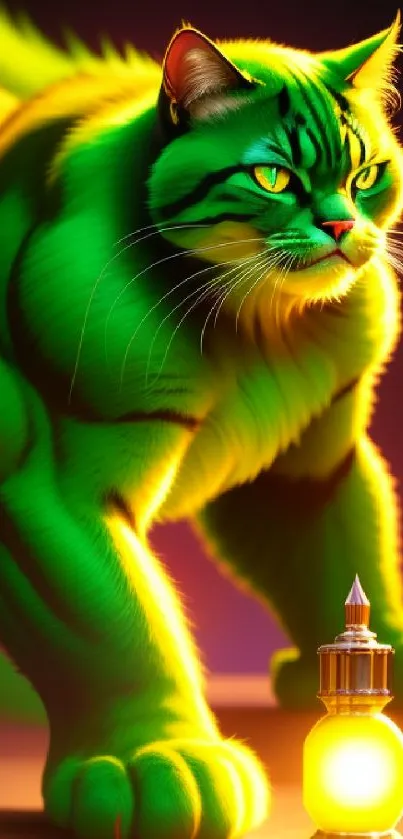 Green fantasy cat with glowing lantern mobile wallpaper.