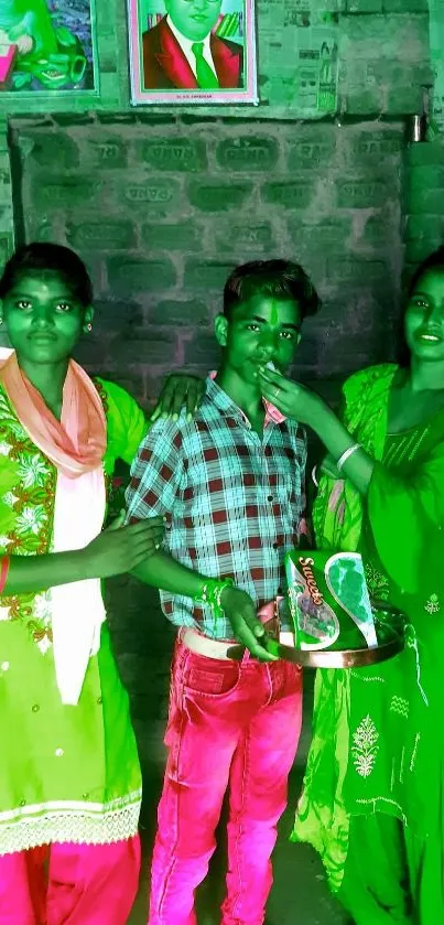 Vibrant green celebration with three people.