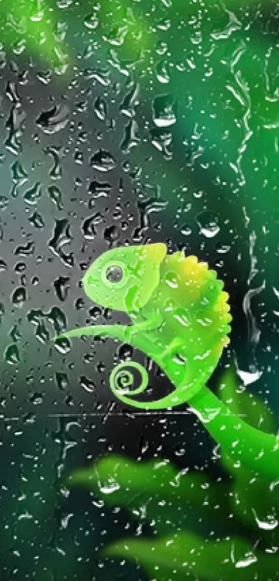 Vibrant green chameleon on leafy background.