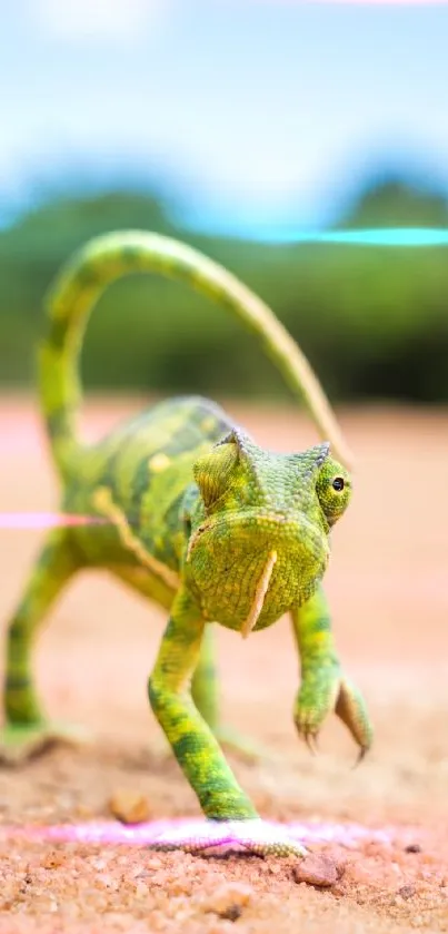 Green chameleon strolling on sandy path.