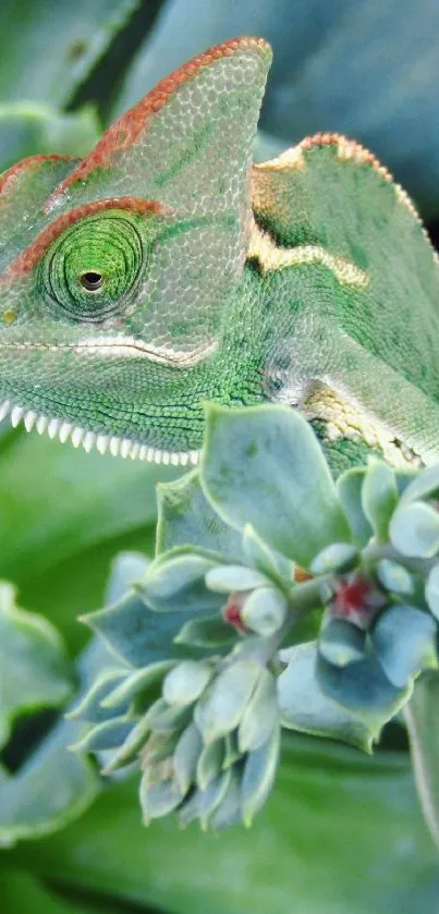 Green chameleon on leafy plant wallpaper.