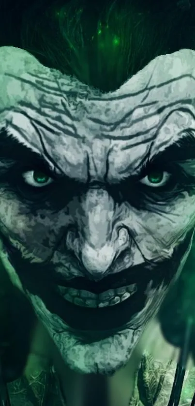 Menacing green character portrait wallpaper with intense, dark features.