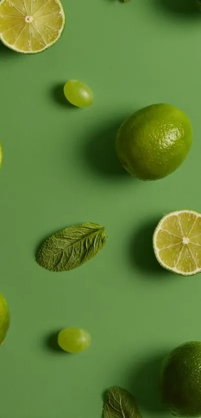 Fresh limes, mint leaves, and grapes on a vibrant green background wallpaper.