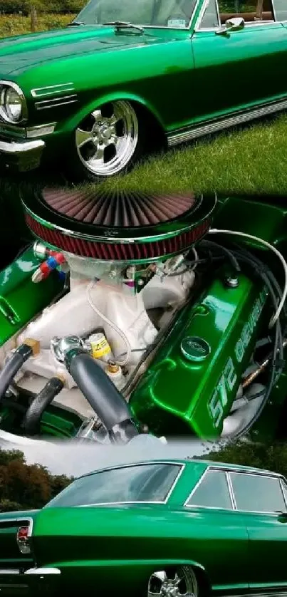 Classic green car with detailed engine on grass.