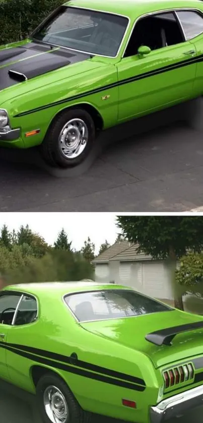 A vibrant green classic muscle car with bold black stripes.