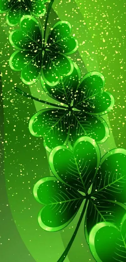 Mobile wallpaper with vibrant green clovers cascading down a gradient background.