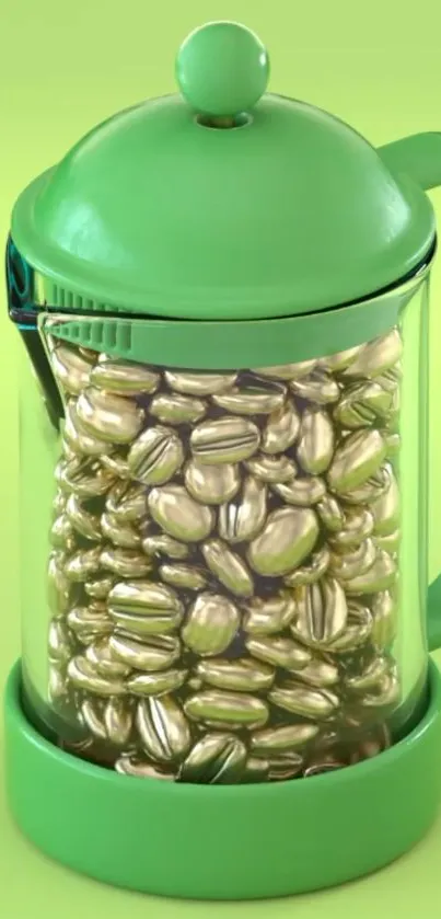 Lime green French press with gold coffee beans displayed inside.