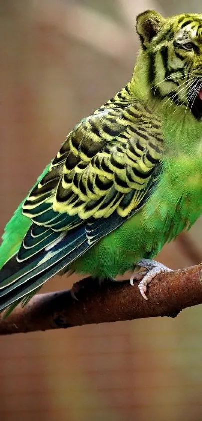 Vibrant green creature on a branch, merging animal traits in a fantasy scene.