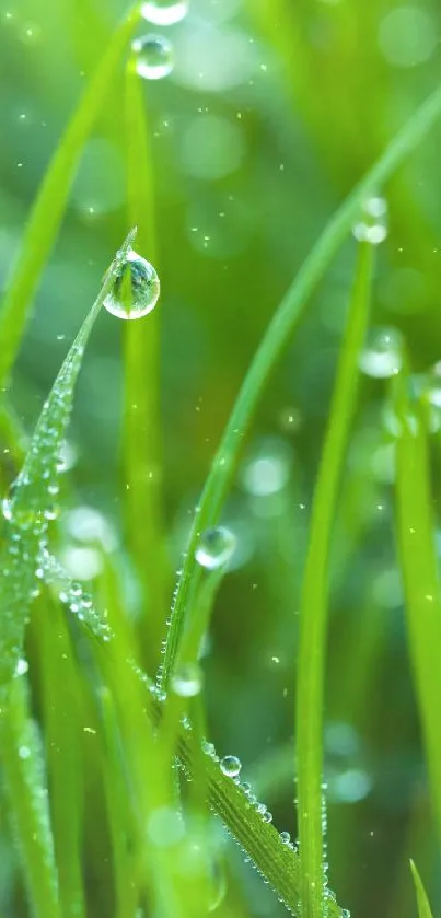 Close-up of vibrant green grass with dewdrops, perfect nature wallpaper.