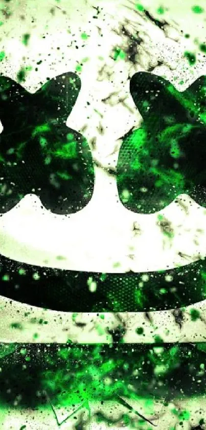 Vibrant green DJ mask with glowing effects on dark background.