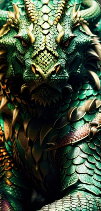 Mobile wallpaper featuring a vibrant green dragon with intricate scales and fierce eyes.