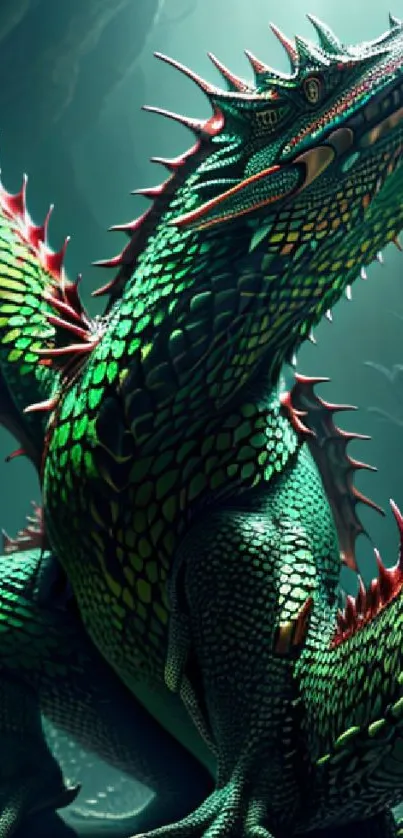 Vibrant green dragon with red wings in a dark cavern.