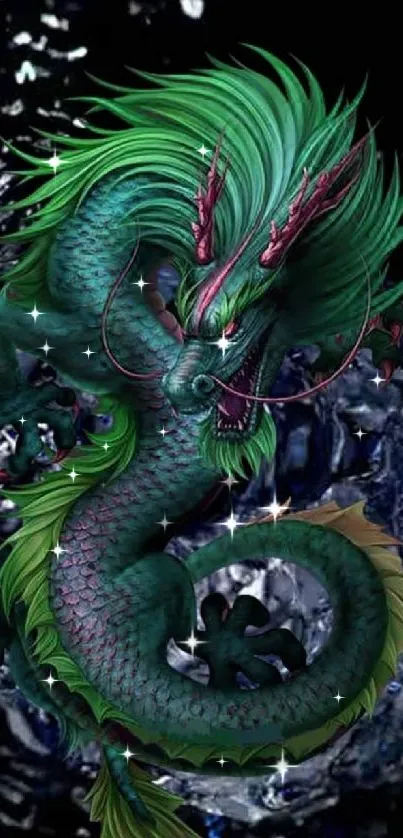 Vibrant green dragon on dark swirling background.