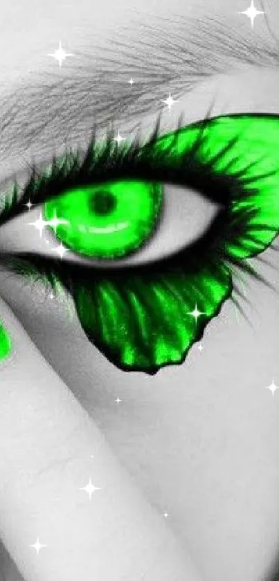 Vibrant green eye with butterfly design, perfect mobile wallpaper.