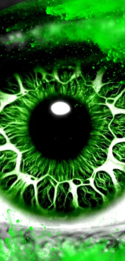 Close-up of vibrant green eye with intricate details in a mobile wallpaper.